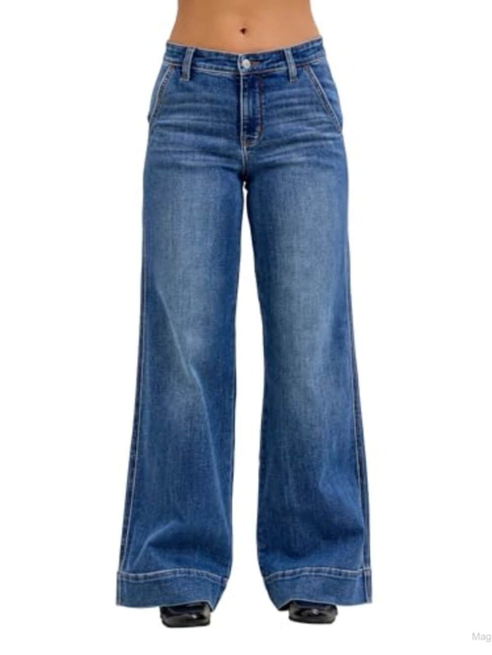 Mid Rise Trouser Retro Wide Leg Jeans Cotton Blend Stretchable